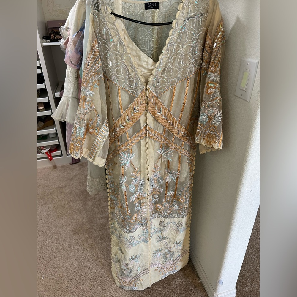 Fancy wedding designer tan party wear 3 piece Pakistani outfit